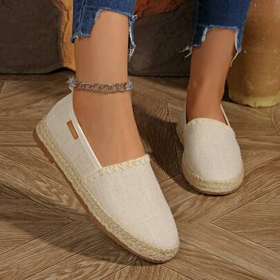 Women's Elegant Straw Woven Rope Sole Casual Flat Loafers - Fashionable Marked Stitching Design, Retro Solid Color Classic All-Season Versatile New Style, Lightweight Comfortable Breathable Slip-On Moccasins