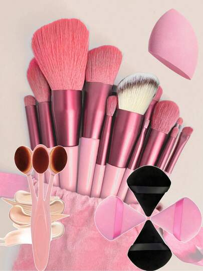 19件套化妆刷套装（含抽绳收纳袋），包括4支粉扑、化妆海绵、腮红刷、粉底刷、眼影刷、修容刷、眼部化妆刷、软毛化妆刷、腮红刷、专业化妆刷套装、女士化妆刷套装、化妆刷套装、化妆刷套装、化妆刷套装、全套化妆刷、化妆刷套装、化妆刷套装、化妆刷礼盒套装