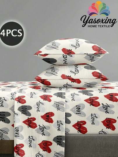 4pcs/Set Colorful Heart-Shaped Love Pattern Sheet Set Easy Care Microfiber Soft Bedding Set Floral Fitted Sheet Set (1pc Flat Sheet+1pc Fitted Sheet+2pcs Pillowcases) Fitted Sheet Set King Queen Full TWIN SIZE Sheet Deep Pocket Up To 11.8 Inch Pillowcase, Soft Breathable Wrinkle-Free Better For Sleep, Luxury Hotel Style, Gift For Mom Dad Friend Domitory Bedding Back School Bedding Domitory Bedding Back School Bedding