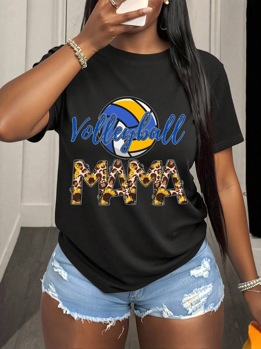 Plus Size Women's Volleyball Mom Graphic T-Shirt - Game Day Casual Short Sleeve Round Neck Tee, All-Season Comfort Fit, In My Volleyball Mom Era Shirt, Volleyball Lover Mom Tee, Volleyball Season Sports Fan Apparel, Sporty Style, Mothers Day Birthday & Christmas Gift For Volleyball Mom - 黑色 - 查看 1