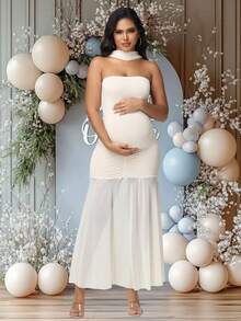 JustVH 孕妇露肩连衣裙，网纱领口，鱼尾裙摆，适合迎婴派对，优雅弹力连衣裙，女士摄影服装 - 杏色 - 查看 3