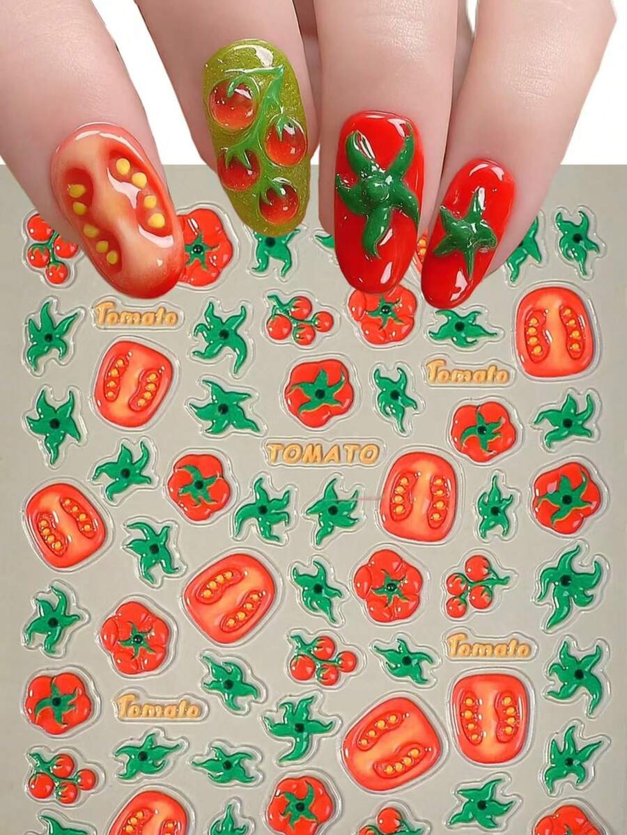 1pc 3D Embossed Fresh Tomato Nail Art Sticker, Fruit Theme Pattern, One-Time Self-Adhesive, Suitable For Creative DIY Manicure, Matching Seasonal Style