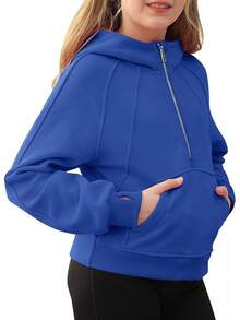 Half Ziper Collar Cropped Hoodies Long Sleeve Fleece Zip Up Pullover Sweatshirts - 寶藍色 - 查看 3