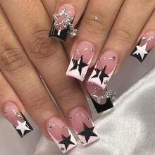 24PCS Black Star Press-On Nails With Rhinestone Accents, French Tip Full Cover Fake Nails For Party & Daily Wear, Stylish Pink & Black Design Square Nails With 4-Piece Manicure Tool Kit Included - Nhiều màu - Xem 1