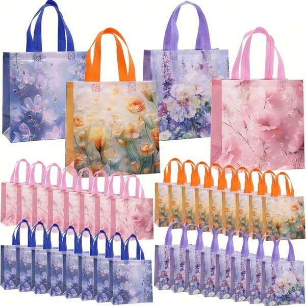 8 حقائب تسوق مطبوع عليها لوحات زيتية بنقوش زهور مع مقابض - حقائب هدايا من البوليستر غير المنسوج للأعراس والأعياد والحفلات والتسوق - بأبعاد 22.86 * 21.49 * 11.0 سم، أكياس هدايا الحفلات، حقائب تسوق بنقوش زهور، مقابض، حقيبة تسوق بنقش زهور