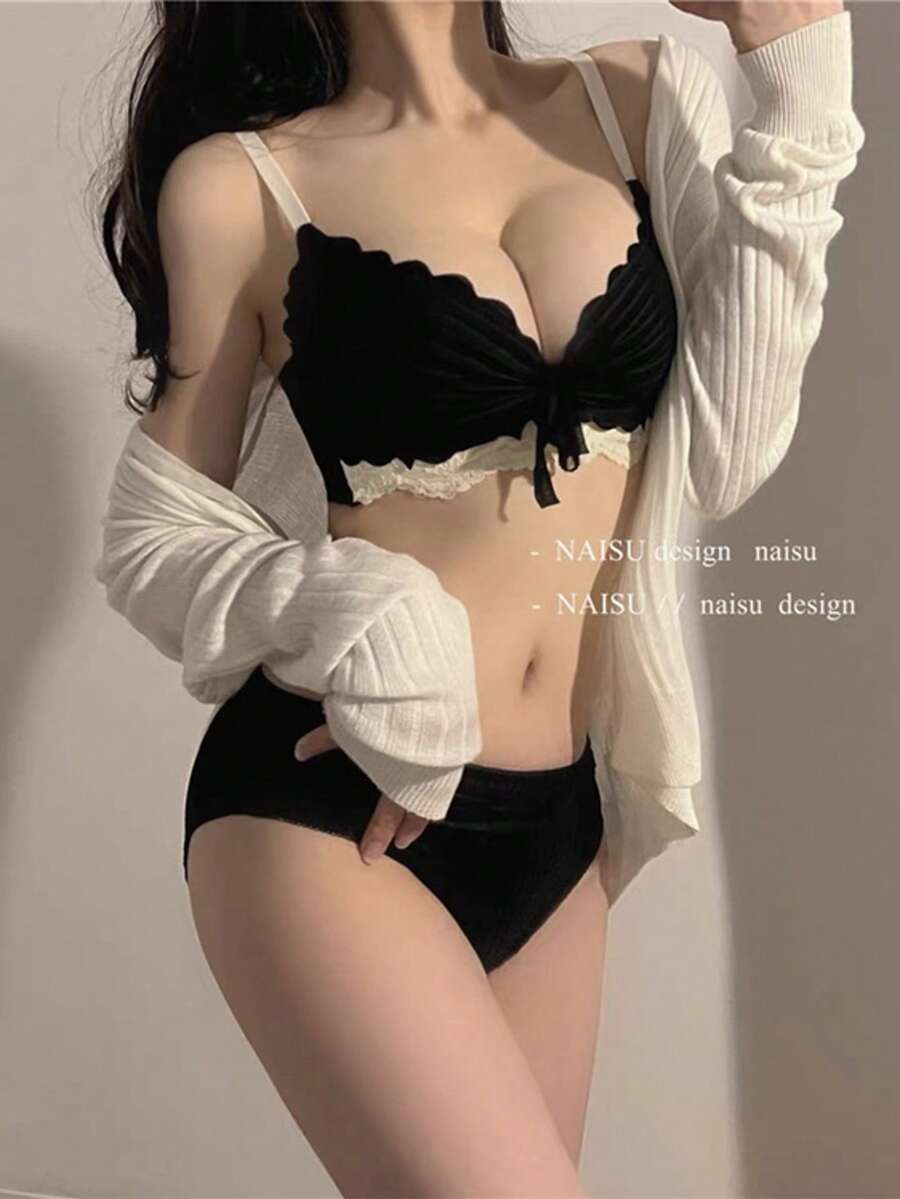 Small Busts Welcome! Sexy Bra/Bra/Underwear, Super-Boosting Bra Set, No Steel Rings - màu đen - Xem 1