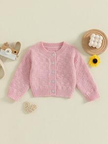 Kids Fall Knit Cardigan Long Sleeve Solid Color Button Down Warm Winter Sweater For Girls Boys - 粉色 - 查看 1