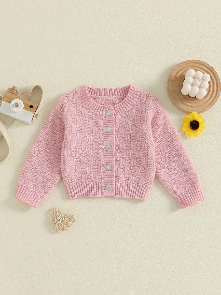 Kids Fall Knit Cardigan Long Sleeve Solid Color Button Down Warm Winter Sweater For Girls Boys - 粉色 - 查看 1