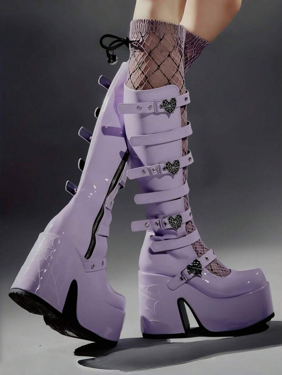 Y2k Style Women's Knee High Boot Solid Color  Buckle Round Toe Punk Motorcycle Nightclub Cosplay Shoes - 紫色 - 查看 1