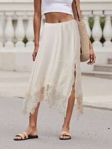Women's Long Skirt Loose Fit Stylish Solid Color Lace Flower Hem Slit Low Rise Skirt For Summer - White - View 2