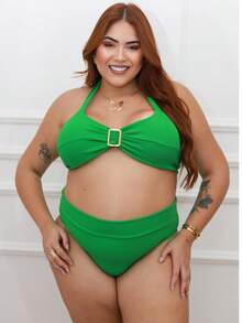 Plus Size Bikini With Gold Detail Simple Elegant Casual Beach - 綠色 - 查看 1