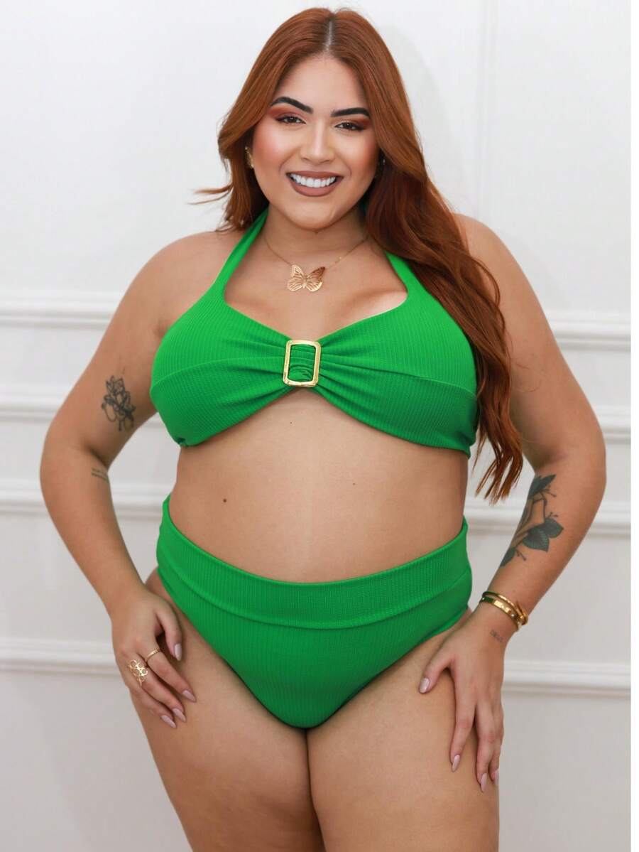 Plus Size Bikini With Gold Detail Simple Elegant Casual Beach - 綠色 - 查看 1