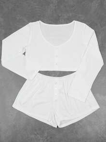 Two-Piece French Style Large U-Neck Simple Solid Color Fashionable Casual Long Sleeve Shorts Women's Pajamas Set Can Be Used At Home - 白 - 查看 11