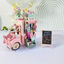 Carte d'anniversaire pop-up 3D avec voiture verte rétro et fleurs colorées - Carte de vœux pour anniversaires, anniversaires, félicitations - Design de dessin animé ludique, cadeau idéal et décoration de fête, carte-cadeau Carte pop-up florale Illustration charmante, décorations d'anniversaire, pour les fournitures scolaires, rentrée des classes