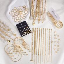 93 Pcs Gold Jewelry Set For Women Costume Jewelry Pack Gold Plated Necklace Bracelet Stackable Ring Earrings Jewelry Pack For Women - 預設 - 查看 2