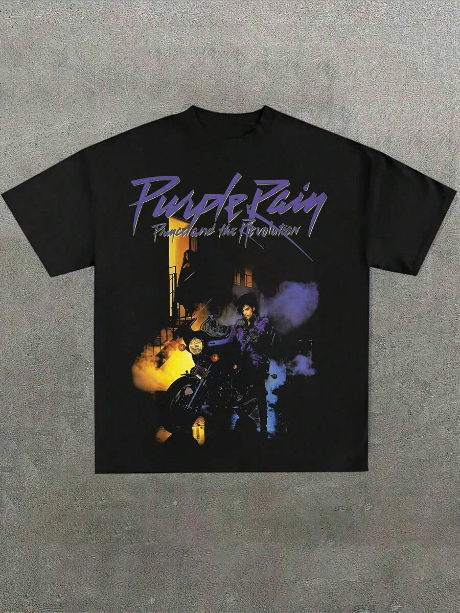 Men's Black "Purple Rain" Prince Graphic Tee, Street Life Printed Short Sleeve T-Shirt, School, Summer Casual, Unisex - 黑色 - 查看 1