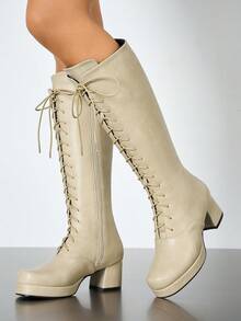 Over-The-Knee Thigh High Lace-Up Boots, Waterproof Platform Tall Boots, High Heel Equestrian Boots, Dance & British Style - Beige - View 2