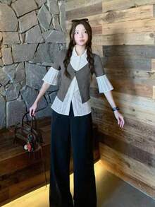 Fashionable Flare Sleeve Shirt Blouse, 2 In 1 Early Spring Women Cardigan - Grey - View 6