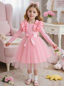 Toddler Girls' Long Sleeve Round Neck Frill Trim Ribbed Contrast Mesh Dress, Sweet & Cute, Versatile For Autumn/Winter - Pink - View 9