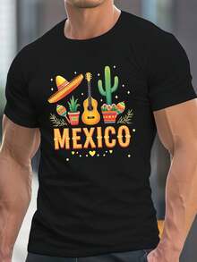 Camiseta De Hombre Con Diseño De Sombrero Mexicano Y Guitarra - Cuello Redondo, Manga Corta, Ligera Y Casual Para Verano, Diseño Vibrante Con Temática Mexicana, Ropa Festiva | Corte Relajado