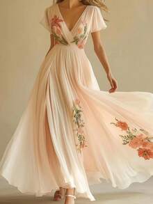 Women's Temperament Long Skirt Printed V-Neck Short Sleeved Dress - Hồng - Xem 1