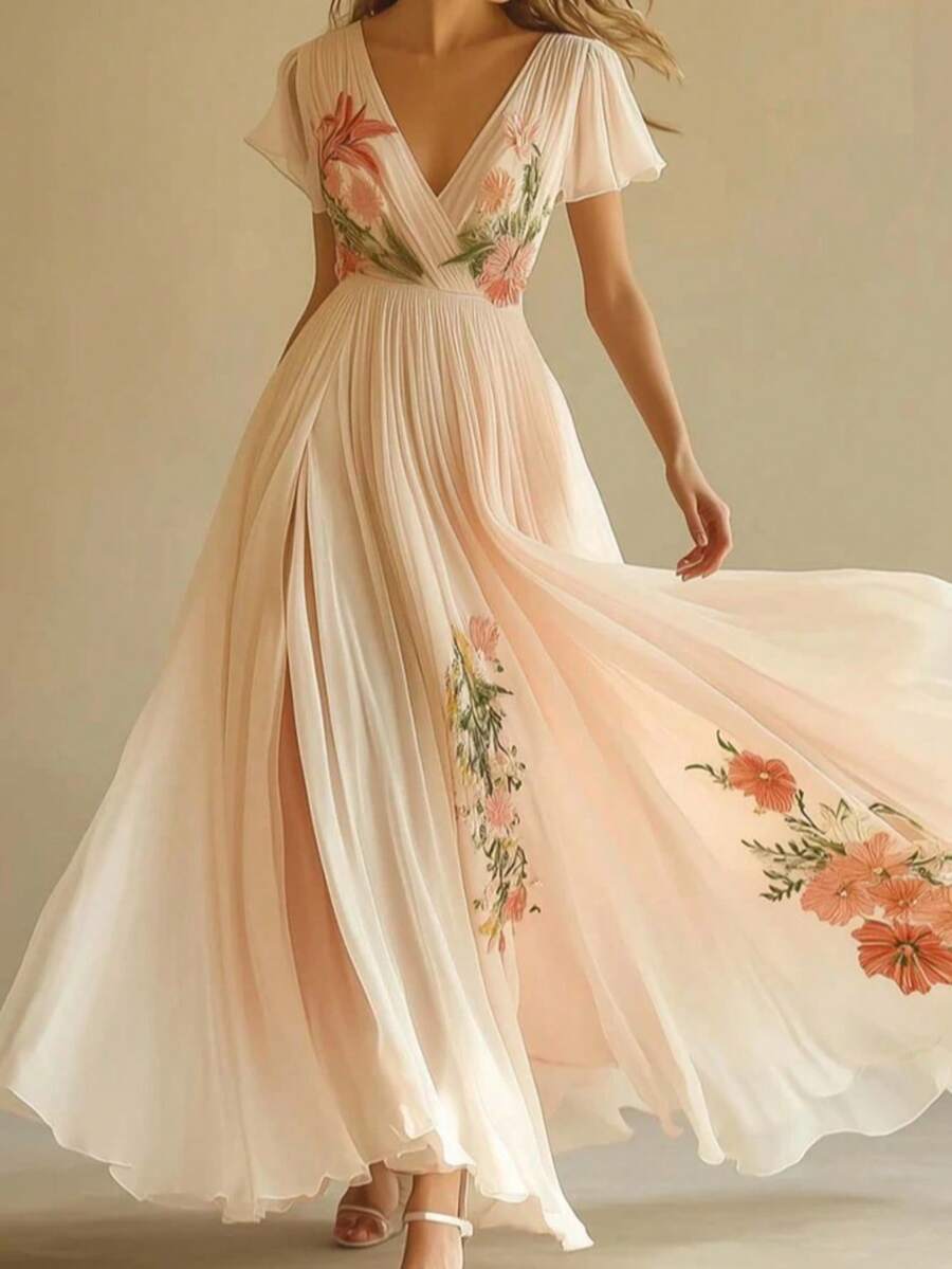 Women's Temperament Long Skirt Printed V-Neck Short Sleeved Dress - Hồng - Xem 1