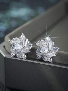 1pair Luxury Crystal Flower Stud Earrings Brilliant Cubic Zirconia Romantic Women Accessories Party Daily Wear Fashion Versatile For Teens Girls Earrings - Silver - View 1