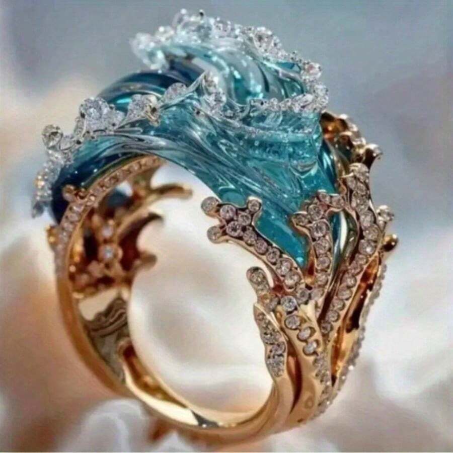 1 Popular Ocean Holiday Style Ladies Ring, Stylish Bohemian Blue Wave Ring Gift Box