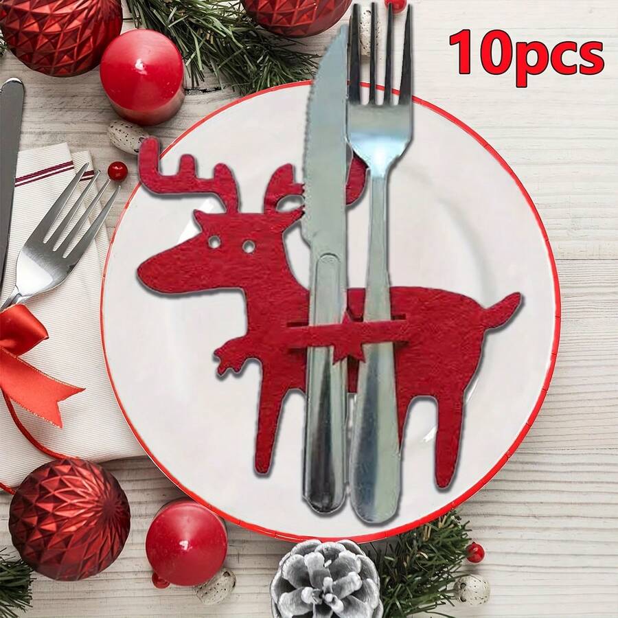 10 piezas Manteles individuales de reno navideños, bolsas portacubiertos de fieltro, bolsillos para cuchillo y tenedor, decoración de mesa navideña, decoraciones navideñas