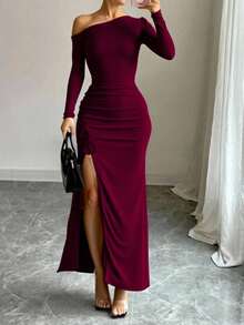 Vestido largo Hombro Descubierto Con Abertura en pierna Sexy Para Dama Ween femenino hombro caido elegante atrevido diferente corte asimétrico graduación boda formal - Vino - Ver 3