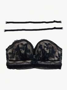 Women's Black Seamless Lace Front Closure Gather Bra Wireless With Thick Pad For Small Bust, Push Up Bra, Adjustable Underwear