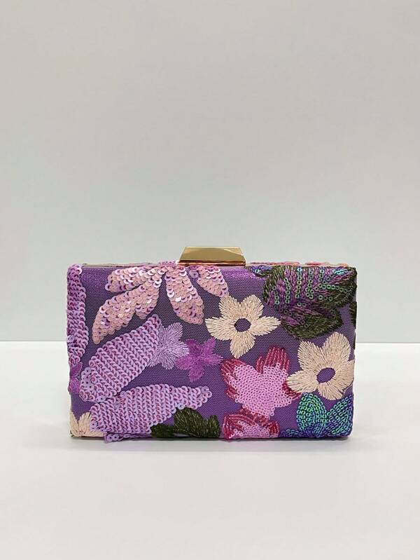 Borsa clutch da donna con motivo floreale casuale, borsa da sera elegante con ricamo floreale e paillettes in stile retrò, borsa a tracolla mini a forma di scatola, adatta per feste, ragazze, spose, studenti universitari, impiegati, eventi, matrimoni e occasioni formali