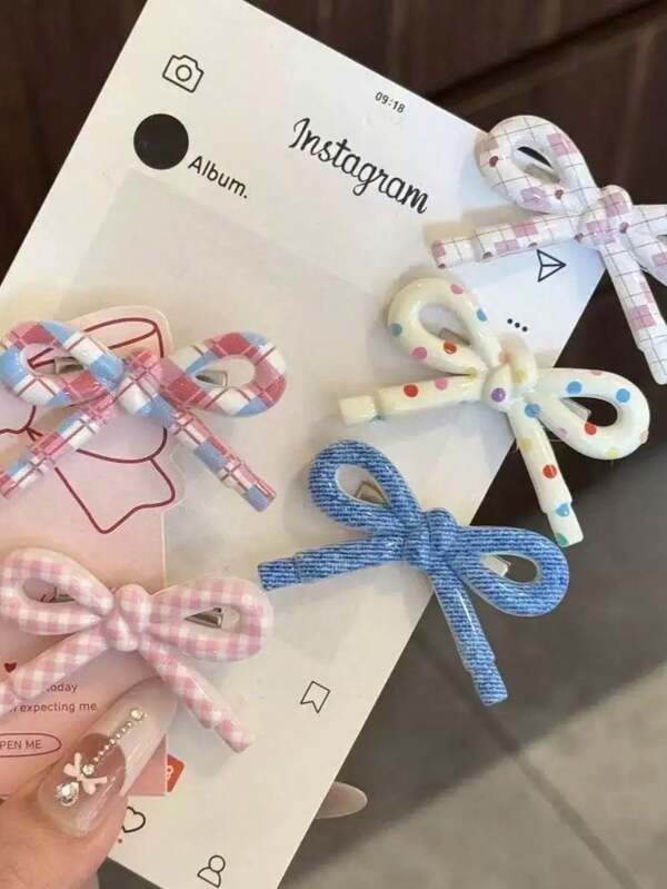 5pcs Women's Cute Plaid Polka Dot Bow Hair Clips, Suitable For Daily Use, Home, School, Beach, Work, Party, Holiday, Birthday, Back To School, New Year, Valentine's Day, Mother's Day, Wedding, Music Festival, Graduation, Claw Clips, Hair Claws, Hair Slide, Hair Barrettes