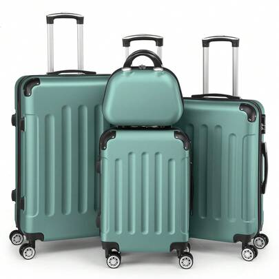 SUNROAD A Stylish Set Of ABS Suitcases With Vertical Stripes, Four-In-One Design With Handles And Universal Wheels. Available In 20in, 24in, 28in Sizes And 12in Carrying Case, Featuring ABS Aluminum Golden Pull Rods In A Fashionable Rose Gold Color Scheme