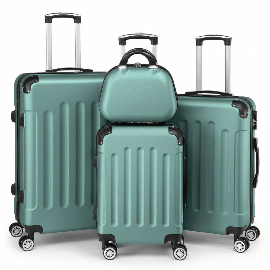 SUNROAD A Stylish Set Of ABS Suitcases With Vertical Stripes, Four-In-One Design With Handles And Universal Wheels. Available In 20in, 24in, 28in Sizes And 12in Carrying Case, Featuring ABS Aluminum Golden Pull Rods In A Fashionable Rose Gold Color Scheme - 綠松石 - 查看 1