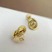 Gold Clip On Earrings Women Knot Link Chunky Non Pierced Earring 14K Gold Plated Hoops Drop Dangle Earrings Lightweight Jewelry - A-Gold - 查看 3