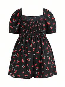 Enliva Jolene.Mendez Plus Size Women's Square Neck Short Sleeve Cherry Print Playsuit, Spring/Summer, For Apple Rounded Body Shape - Multicolor - View 3