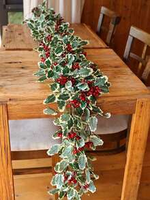 1 件人造冬青叶和红色浆果花环 - 塑料藤蔓装饰，适用于壁炉、大门、楼梯和房间 - 节日室内/室外装饰，适合冬季和新年庆祝活动、情人节、礼物、圣诞节万圣节装饰藤蔓 - 彩色 - 查看 3