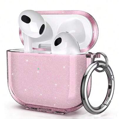 Estuche protector de silicona traslúcida con brillo rosa para Pro2/4 Pro/3/2/1 original, funda transparente para auriculares Bluetooth, estuche protector suave para auriculares con llavero de metal, regalo para el Día de la Mujer y cumpleaños