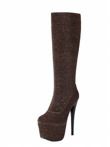 New Women's Fashion Glitter Over-The-Knee Boots, Super High Heel Waterproof Platform, Solid Color Long Boots For Party & Stage, Plus Size