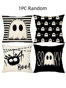 4 Stücke/1 Stück Halloween Party Dekokissenbezug, Geister- und Spinnennetz-Design, 45 x 45 cm weicher Polyester mit Reißverschluss, geeignet für Wohnzimmer, Zimmer, Sofa und Schlafzimmer (Füllung nicht enthalten), perfekt für Halloween Dekoration, Herbstdekoration