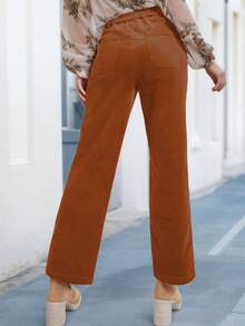 tooluck Womens Casual Winter Straight Leg Elastic Waist Corduroy Pants With Pockets Rust Brown - 鏽棕色 - 查看 2