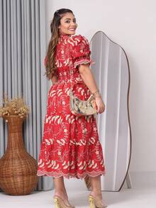 Women's Midi Dress With Embroidered Laise, All-Over Print, Embroidery, Button, Ruffle, Gathered, Formal And Evening - 3d Bicolor Wine - View 3