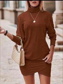 Vestido sudadera globo cuello alto de hombros caidos bajo cruzado   Vintage  Sencillo  Elegante  Sexy  Casual    Tela    Noche de fiesta  Boda  Vacación  Fiesta  Fiesta de Cumpleaños  Sesión de fotos  Calle    primavera-verano otoño-invierno - Café integral - Ver 2
