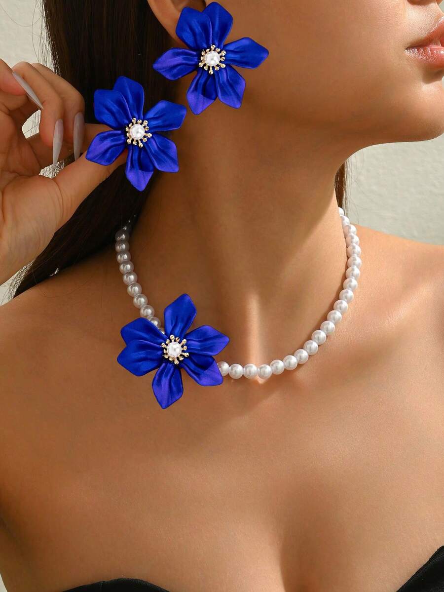 3 Stücke elegantes Halsketten + Ohrringe Schmuckset für Frauen, französischer romantischer Palast-Stil, Kunstperle, 3D rote gewebte Acrylblumen Design, geeignet für den täglichen Gebrauch, Bankette, luxuriöses Geschenk - Blau - Übersicht 1