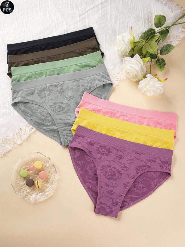 7pcs Seamless Printed Design Panties, Comfortable Soft Waist Shaping Lifting Triangular Briefs For Women, Daily Wear