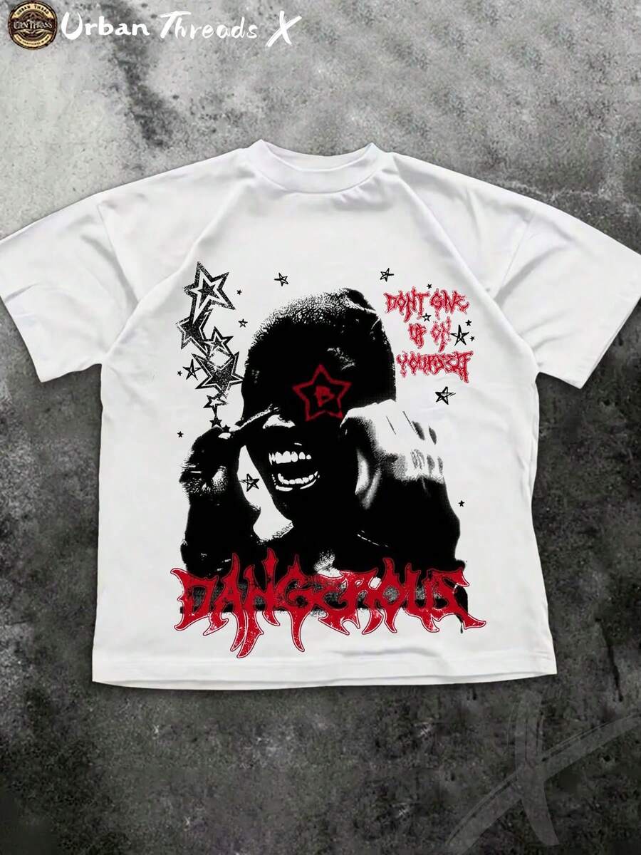 Men's T - Shirt For Summer Outdoor, 220g Pure Cotton Crew Neck Short Sleeve, Red - Black Slogan & Portrait Print Casual Top - 白色 - 查看 1