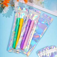 YQ 100 Pcs Pen Packaging Bags For Small Business Resealable Foil Pouch Bag For Pens Holographic Ziplock Smell Proof Storage Bags For Packaging Lipgloss Jewelry Cosmetic Candy 2.4x9 Inch YQ - 銀色 - 查看 7