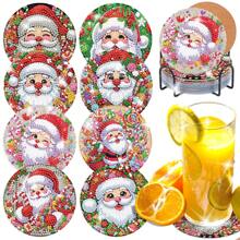 8pcs Christmas Santa Claus 5D Diamond Painting Coaster Set, Exercising Hands-On Ability, Green & Colorful, Suitable For Beginners, Acrylic Diamond Stickers On Cork Coaster Base, Heat Insulation Coasters For Dining Table, Comes With Tools And Iron Stand