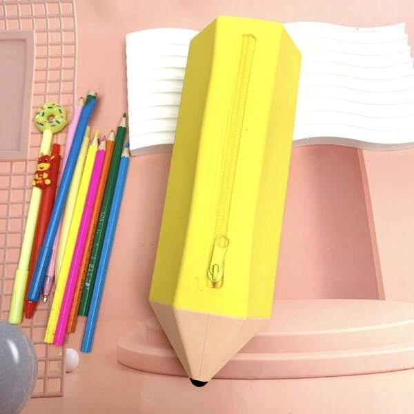 Nouvelle trousse à crayons en silicone en forme de crayon, pratique à transporter avec fermeture éclair, facile à nettoyer, sac de papeterie doux